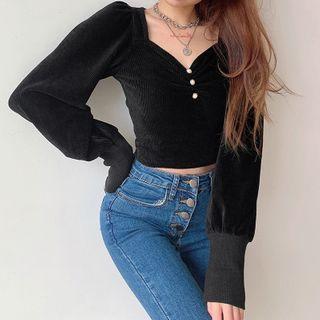 Long-sleeve V-neck Corduroy Crop Top