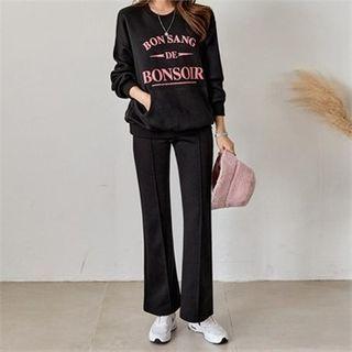 Set: Letter Print Napped Sweatshirt + Boot-cut Pants