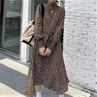 Long-sleeve Mock Two-piece Floral A-line Dress