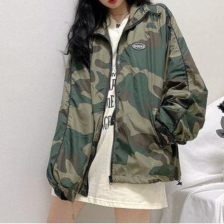 Camo Print Long Sleeve Hooded Zip Light Jacket