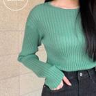 Round-neck Ribbed Knit Top Blue Green - One Size