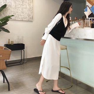 Knit Vest / Long-sleeve Midi Shirtdress