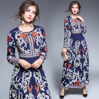 Gathered-waist Long-sleeved Floral Print Crewneck A-line Sheath Dress