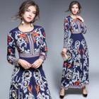 Gathered-waist Long-sleeved Floral Print Crewneck A-line Sheath Dress