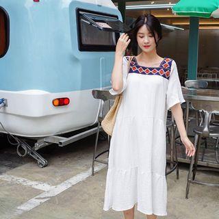 Square-neck Elbow-sleeve Embroidered Cotton Midi Dress
