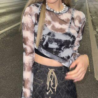 Long-sleeve Tie Dye Mesh Crop Top / Tank Top