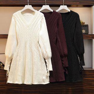 V-neck Lantern-sleeve Mini A-line Sweater Dress
