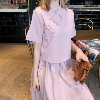 Set: Short-sleeve Frog Buttoned Top + A-line Midi Skirt