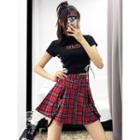 Checked Zipper A-line Skirt With Suspender