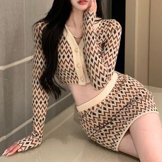 Argyle Print Crop Cardigan / Knit Skirt