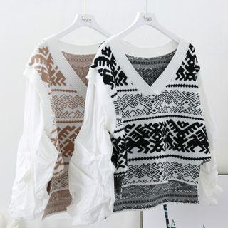 Mock Two-piece Puff-sleeve Pattern Sweater