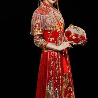 Traditioanl Chinese Long-sleeve Maxi Wedding Dress / Shawl / Set