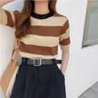 Short-sleeve Striped Knit Top Coffee - One Size