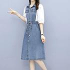 Elbow-sleeve Denim Panel Shirt Dress