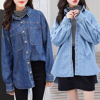 Set: Striped Long-sleeve Turtleneck T-shirt + Denim Shirt