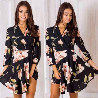 Long-sleeved Floral Print V-neck Sheath Dress