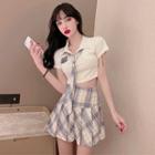 Short-sleeve Cropped T-shirt With Necktie / Plaid Mini A-line Skirt / Set