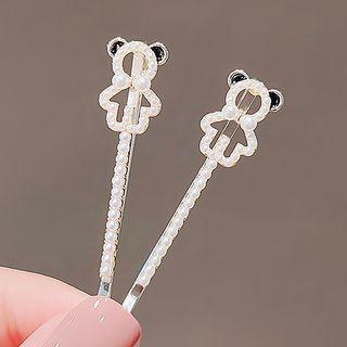 Set Of 2: Bear Faux Pearl Hair Pin Ly1991 - 2 Pcs - White - One Size