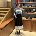 Long Sleeve Striped Knit Top / Two Tone Panel Midi Skirt