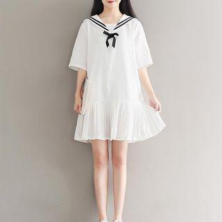 Contrast-neck Ruffle-hem Chiffon Dress