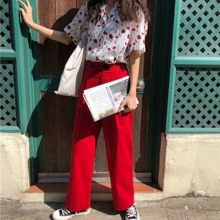 Flower Print Short-sleeve Shirt / High Waist Wide-leg Pants
