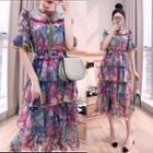 Flower Print Short-sleeve Layered Midi A-line Dress