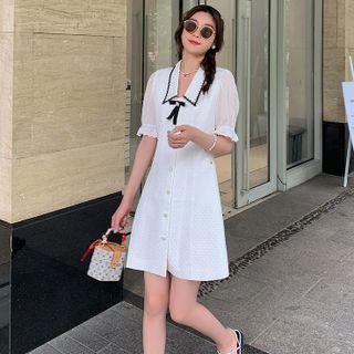Puff-sleeve Lace Panel Bow Single-breasted Dress