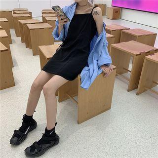 Oversize Shirt / Plain Spaghetti Strap Mini Dress