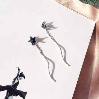 925 Sterling Silver Asymmetric Rhinestone Moon-and-star Drop Earring 1 Pair - Blue & Silver - One Size