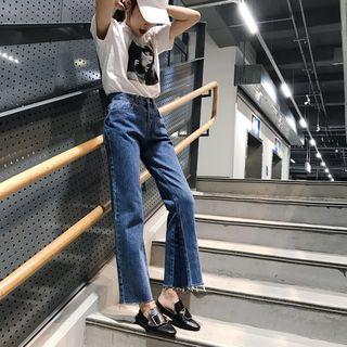 Fray Hem Color Panel Boot Cut Jeans