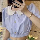 Puff-sleeve Collar Striped Cropped Blouse