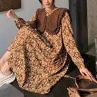 Cable-knit Vest / Flower Print Long-sleeve A-line Dress