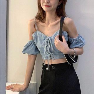 Cold-shoulder Puff-sleeve Cropped Denim Blouse