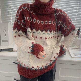 Patterned Turtleneck Sweater Red & White - One Size