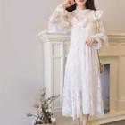 Long-sleeve Ruffle Midi Lace Dress + Slipdress White - One Size
