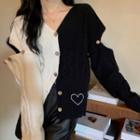 Heart Embroidered Two-tone Cutout Cardigan