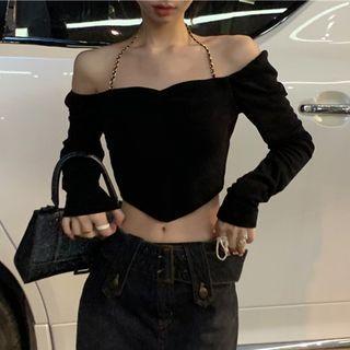 Long-sleeve Off-shoulder Halter Crop Top Black - One Size