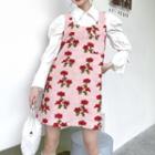 Lantern-sleeve Shirt / Flower Detail Mini Overall Dress