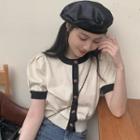 Short-sleeve Contrast Trim Button-up Knit Crop Top Almond - One Size