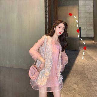 Long-sleeve A-line Dress / Tweed Vest