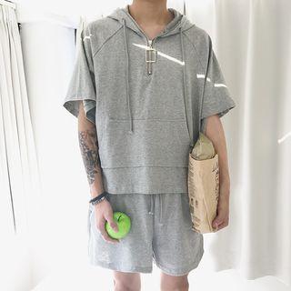 Set: Hooded Elbow-sleeve T-shirt + Drawstring Shorts