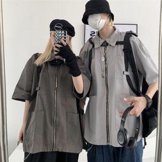 Plain Short Sleeve Cargo Zip Jacket