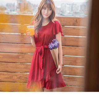 Flutter Sleeve Frilled Hem Tie-waist Dress