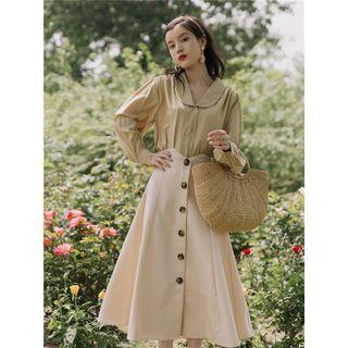Set: V-neck Blouse + High-waist Midi A-line Skirt