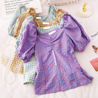Plain Ruched-front Puff-sleeve Blouse