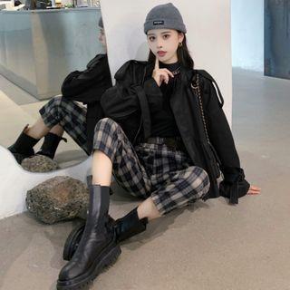 Faux Leather Jacket / Plaid Harem Pants