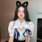 Short-sleeve Cutout Bow Shirt / A-line Skirt