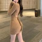 Cutout Tie-back Furry-knit Mini Dress