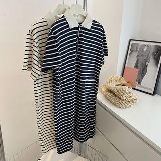 Elbow-sleeve Polo Neck Striped T-shirt Dress