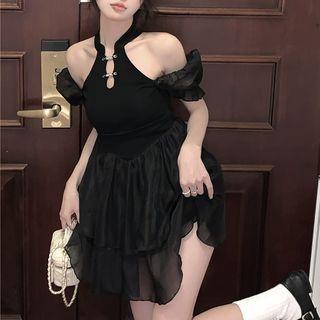 Cold Shoulder Mini Corset Dress Black - One Size